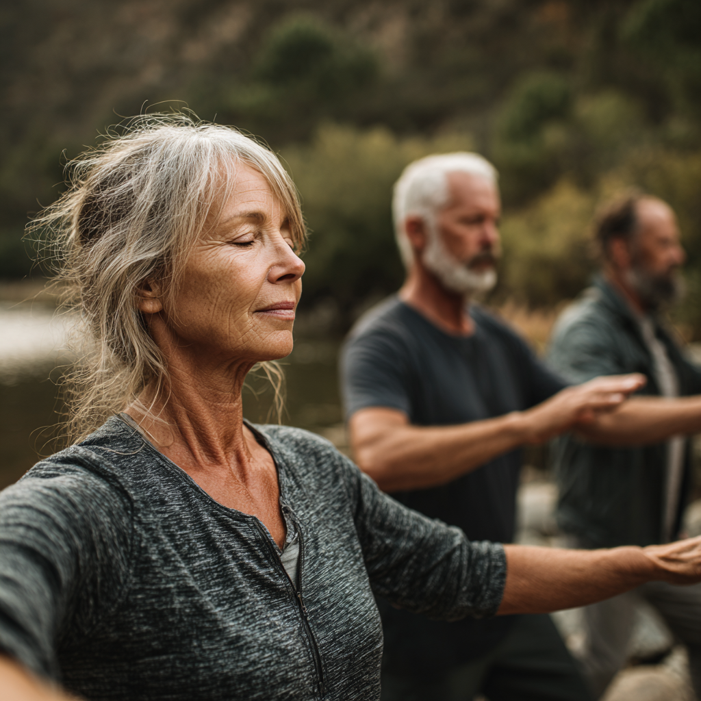middle-aged adults practicing gentle movement exercises in natural environment