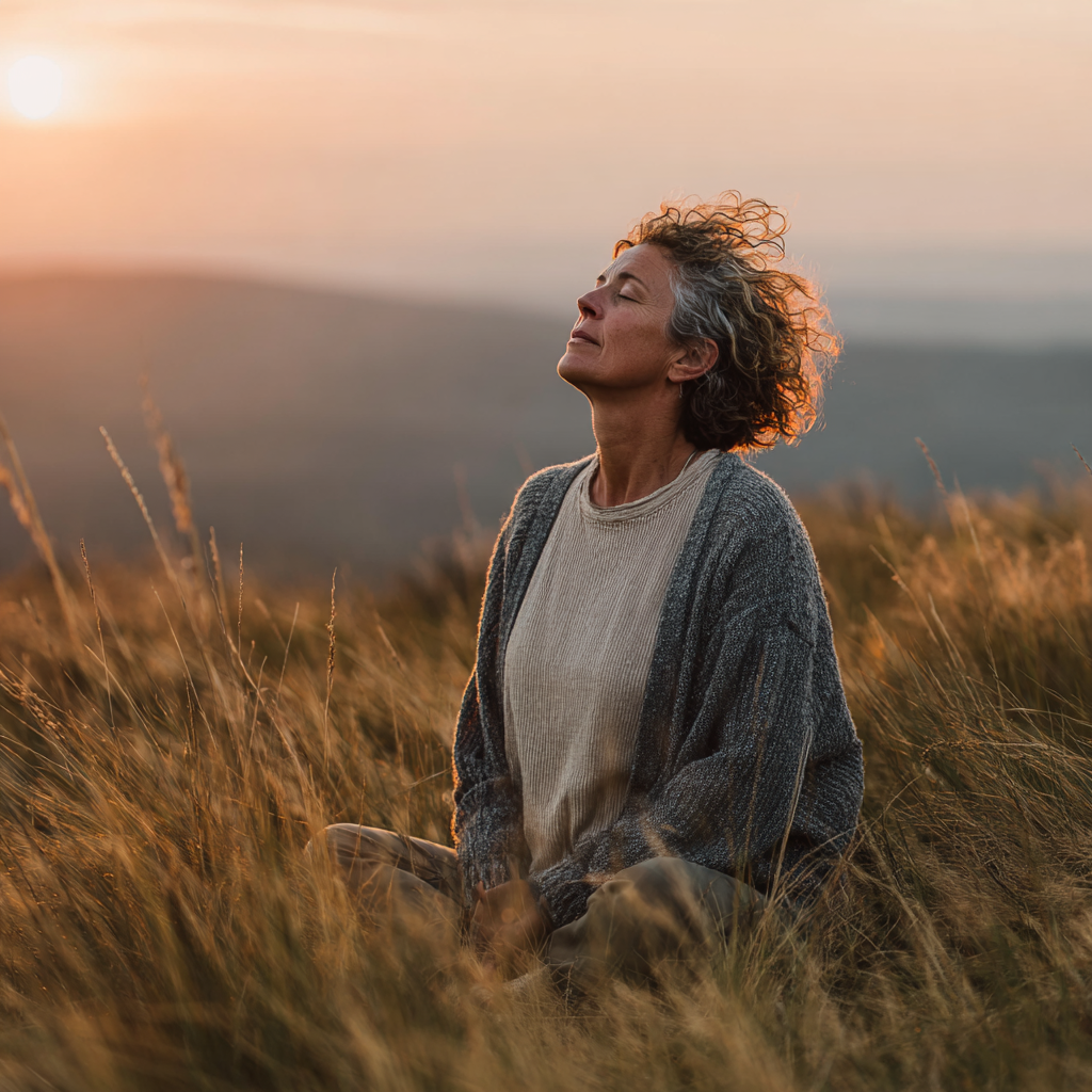 middle-aged person practicing mindful movement in serene natural setting